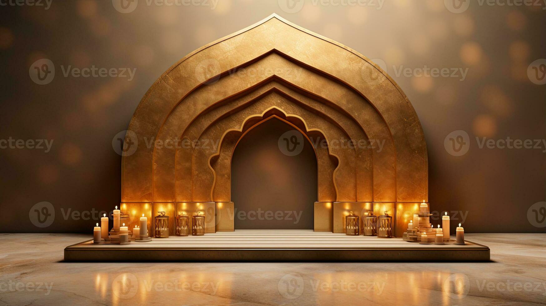 podium background. Ramadan holiday minimalism style . arabic design with shades of beige gold colors. ai generated photo