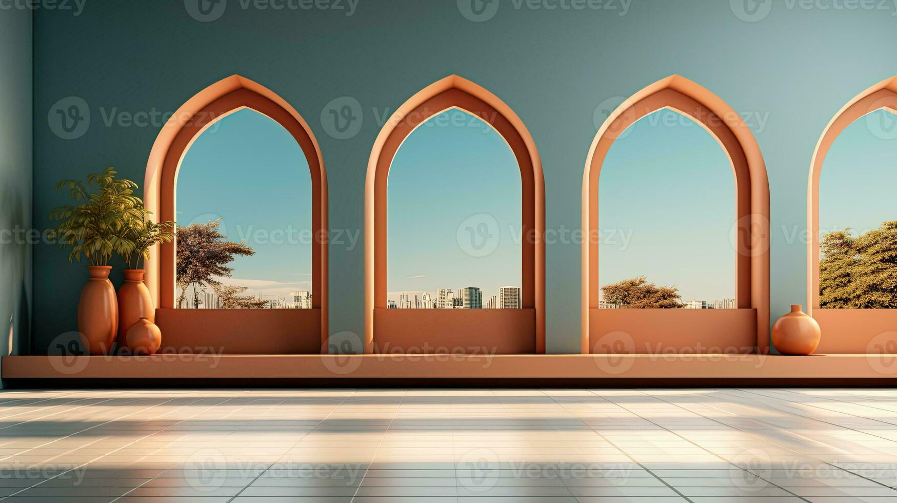 green podium with beige elements in Arabic minimalist style. Podium in the style of Ramadan, Eid Mubarak. AI generated photo