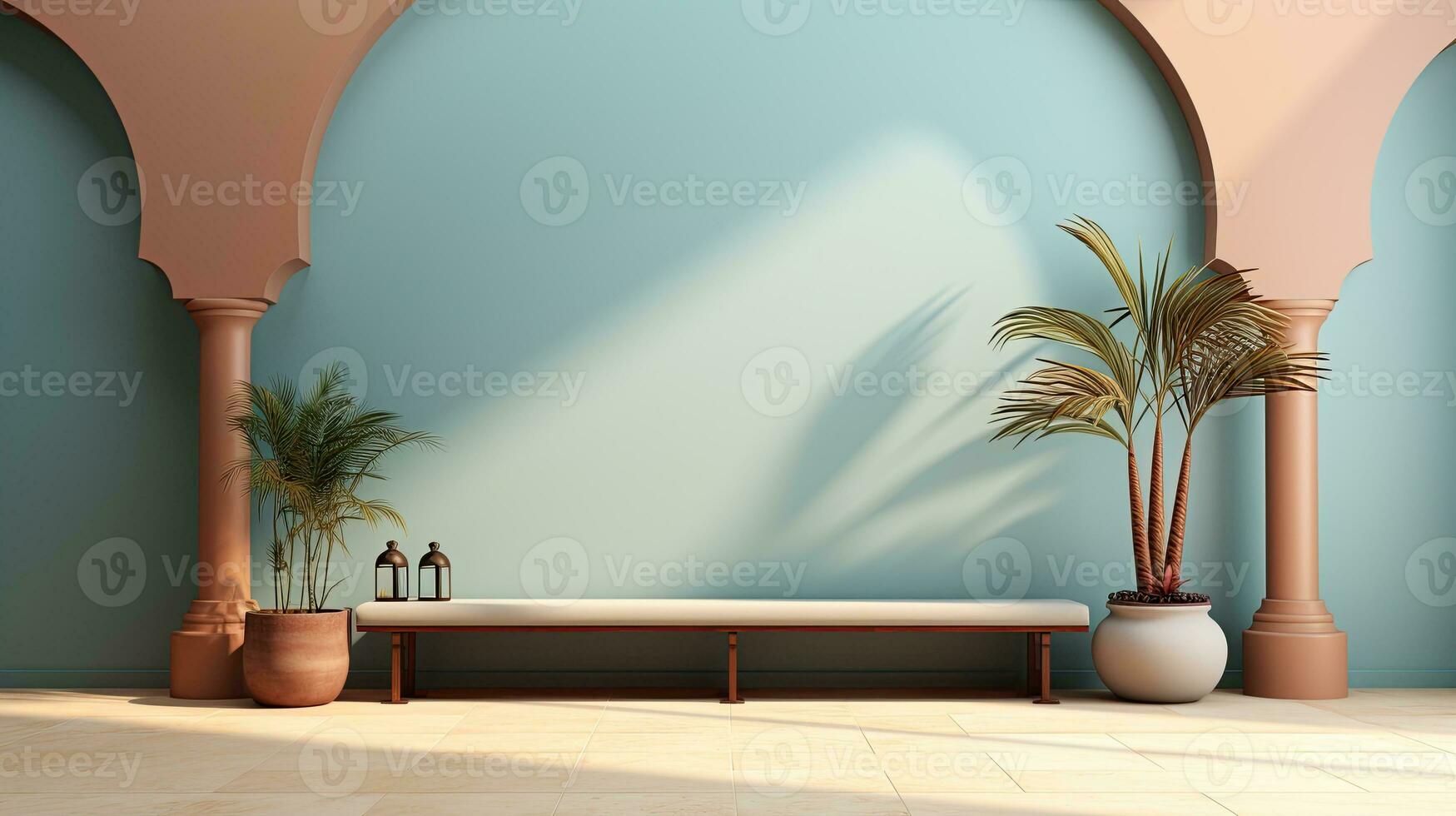green podium with beige elements in Arabic minimalist style. Podium in the style of Ramadan, Eid Mubarak. AI generated photo