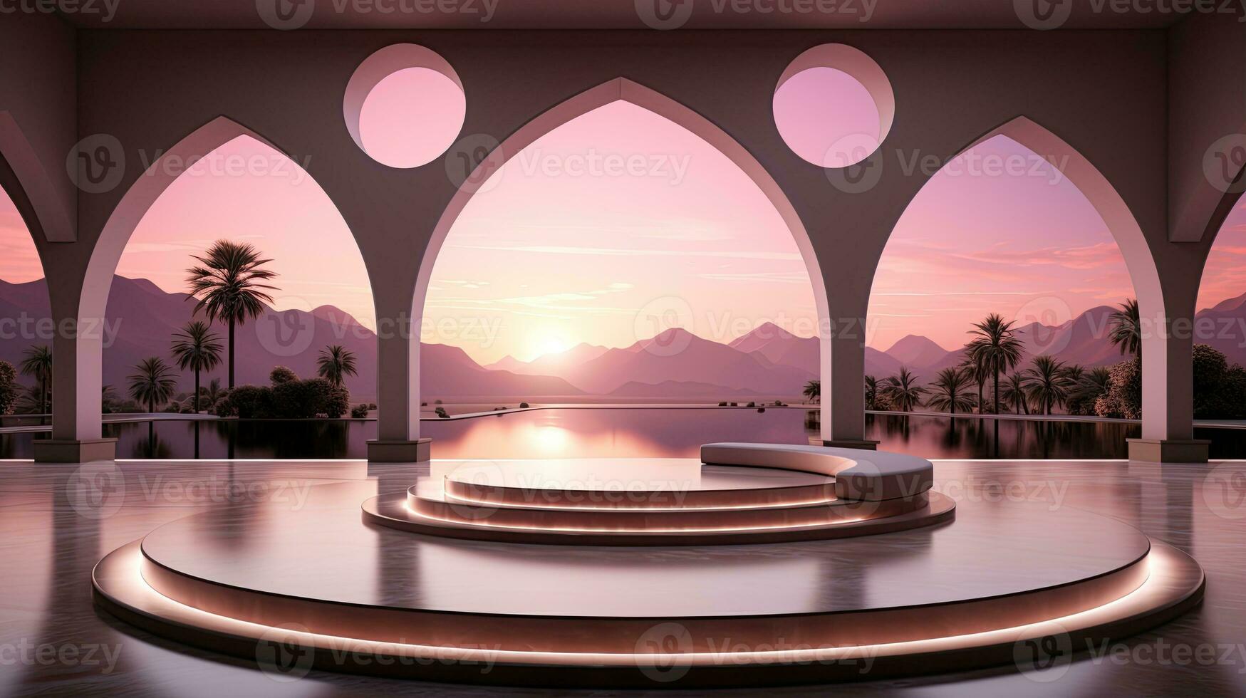 background for the Islamic holiday of Ramadan in a minimalist style, with a podium, with sunlight, in light beige delicate shades and elements of nature. ai generated photo