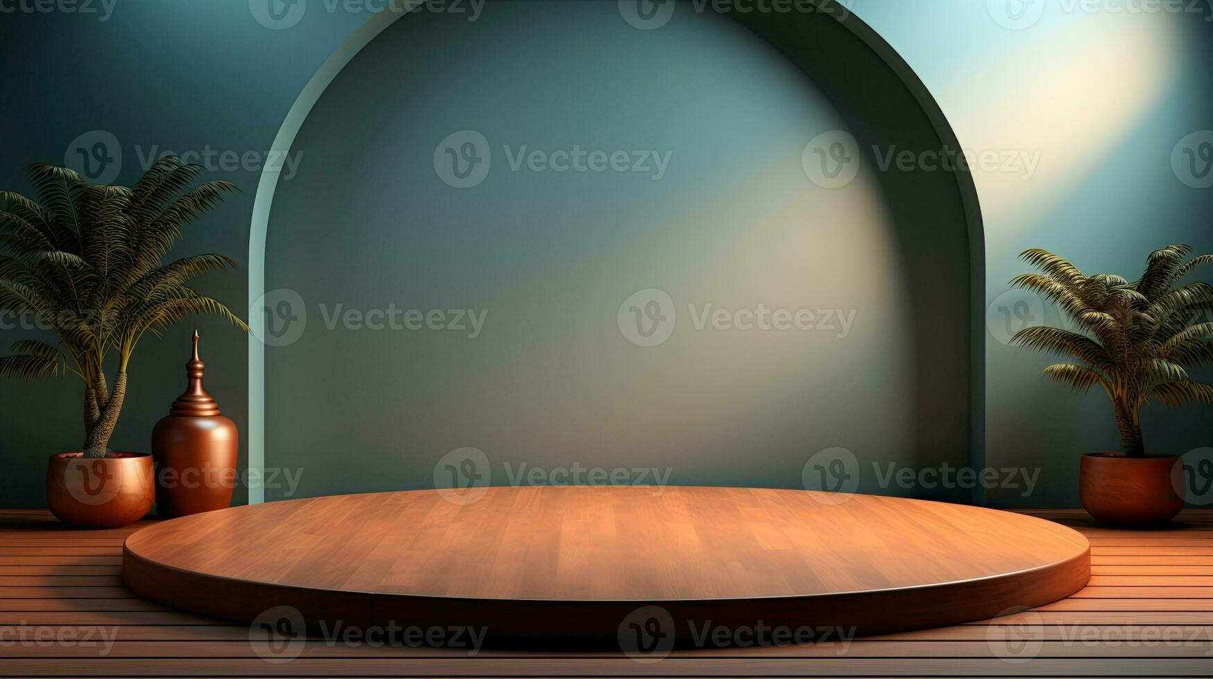 green podium with beige elements in Arabic minimalist style. Podium in the style of Ramadan, Eid Mubarak. AI generated photo