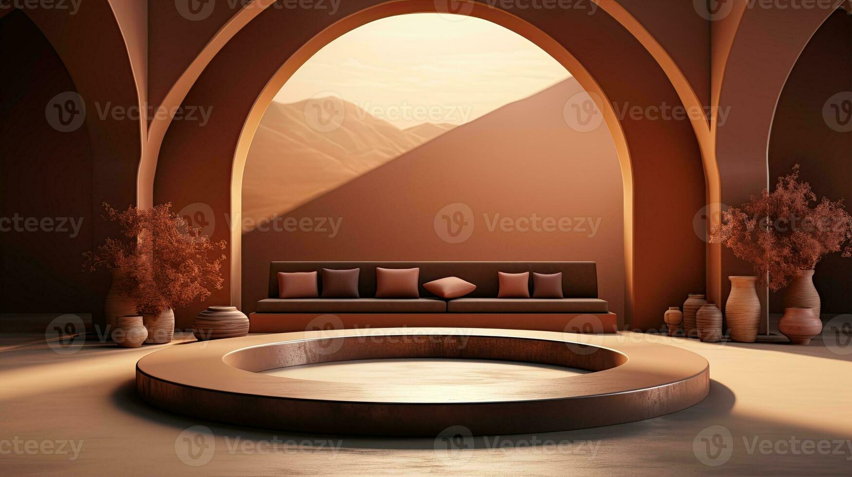 background for the Islamic holiday of Ramadan in a minimalist style, with a podium, with sunlight, in light beige delicate shades and elements of nature. ai generated photo