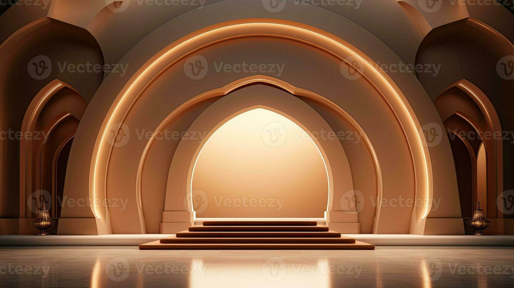 podium background. Ramadan holiday minimalism style . arabic design with shades of beige gold colors. ai generated photo