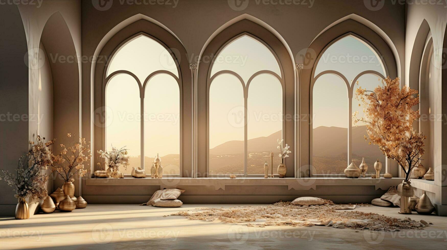 background for the Islamic holiday of Ramadan in a minimalist style, with a podium, with sunlight, in light beige delicate shades and elements of nature. ai generated photo