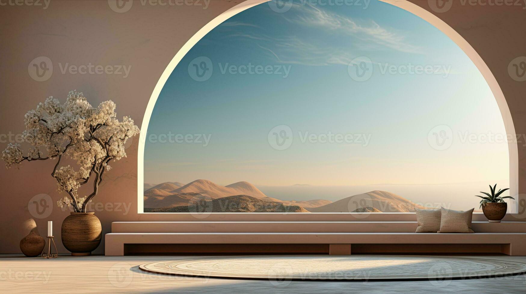 background for the Islamic holiday of Ramadan in a minimalist style, with a podium, with sunlight, in light beige delicate shades and elements of nature. ai generated photo