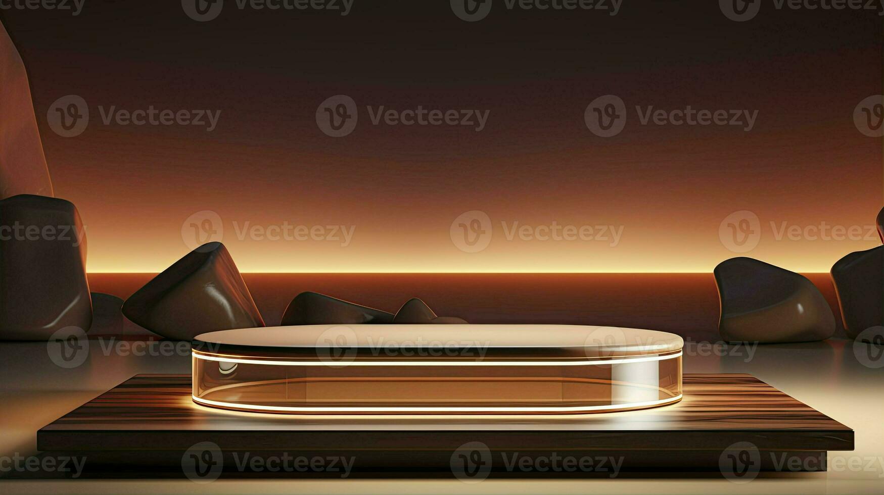 neon podium in a minimalist Scandinavian style in beige-brown colors with lighting. AI Generative photo