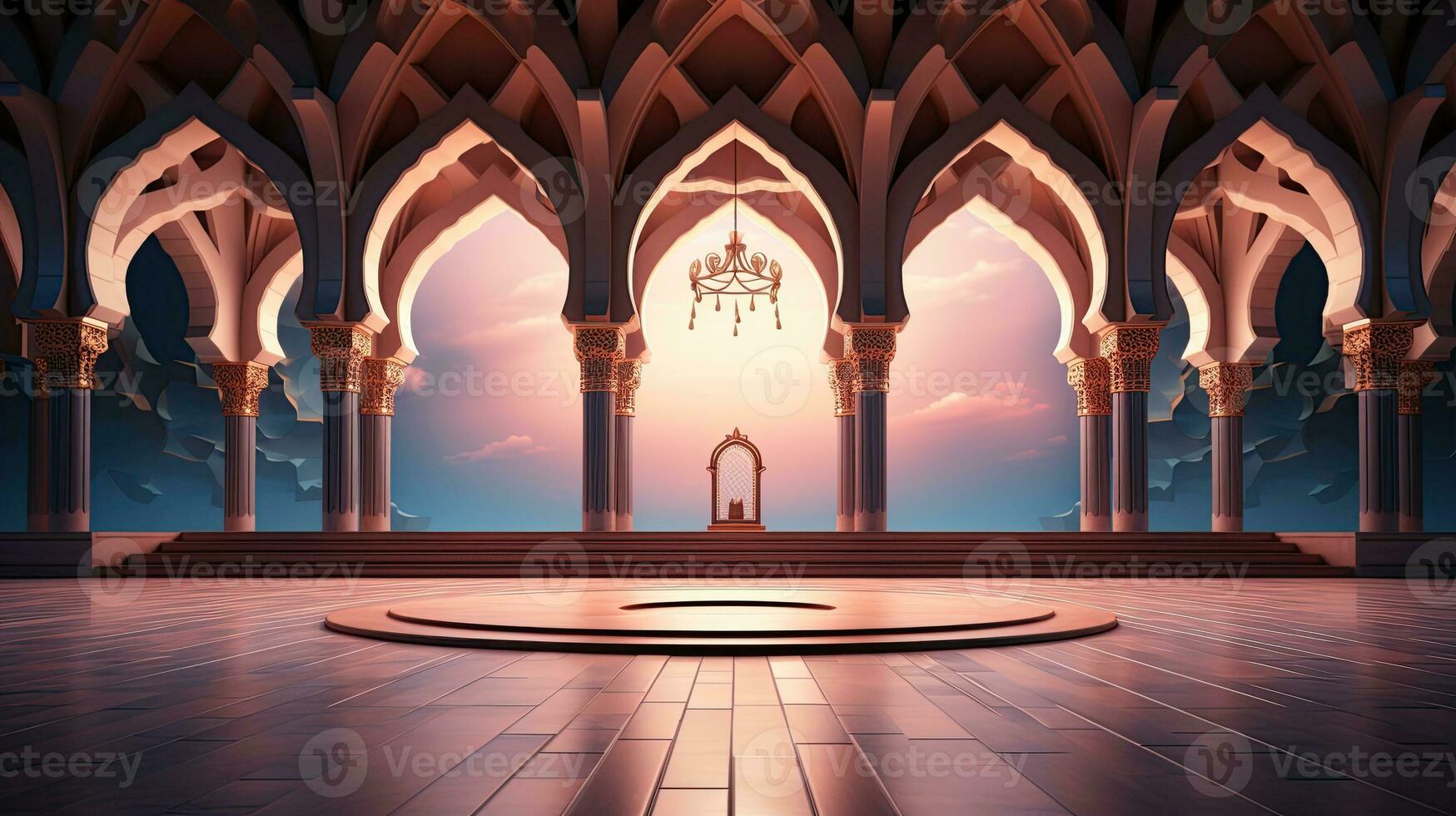 podium background in Ramadan holiday minimalism style . oriental arabic design with shades of beige colors. ai generative photo