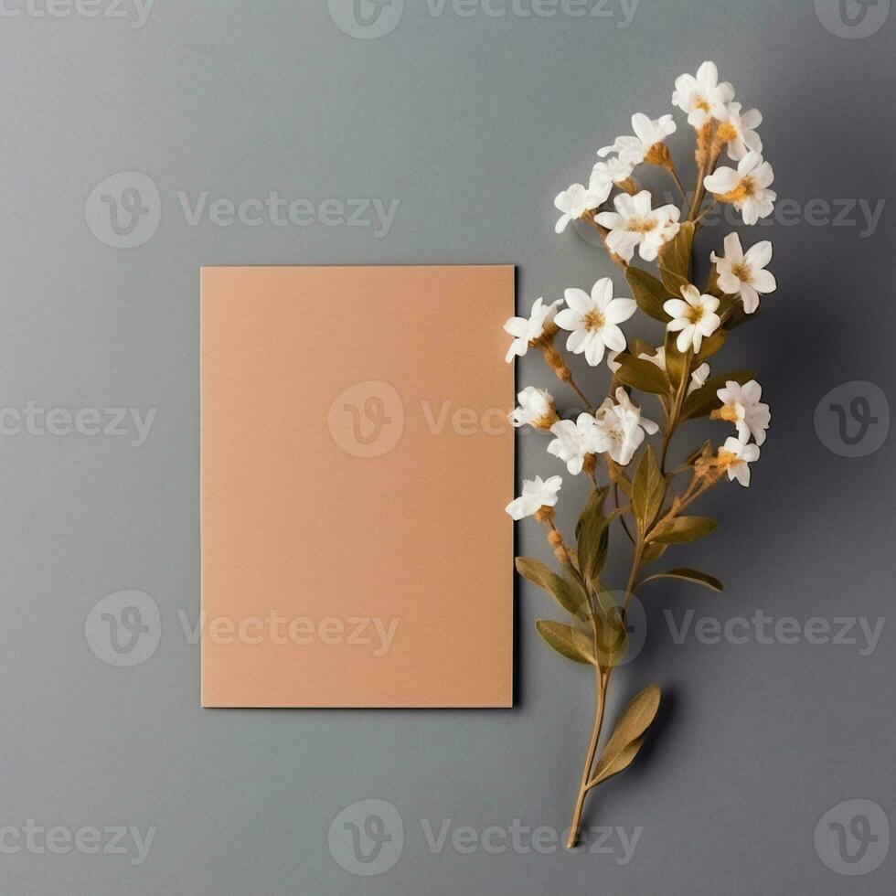 mockup with a white card and flowers in a minimalistic boho style.AI Generative photo