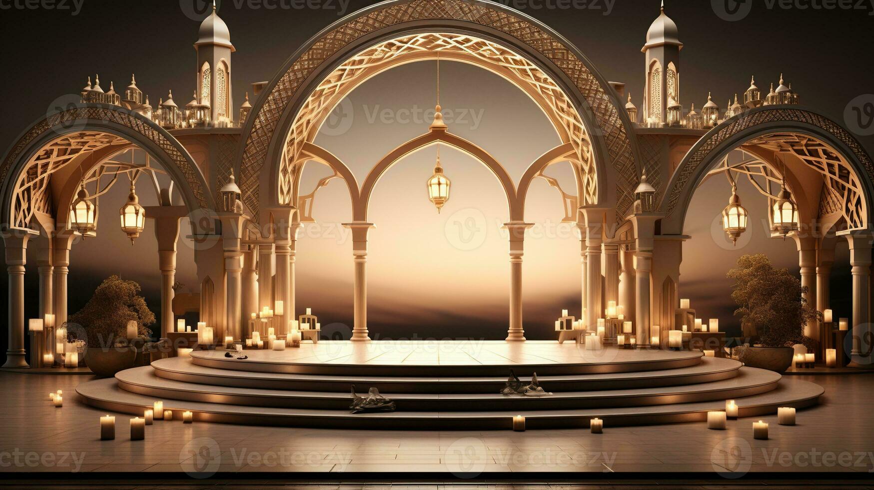 podium background in Ramadan holiday minimalism style . oriental arabic design with shades of beige colors. ai generative photo
