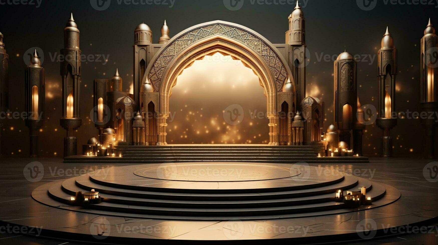 podium background in Ramadan holiday minimalism style . oriental arabic design with shades of beige colors. ai generative photo