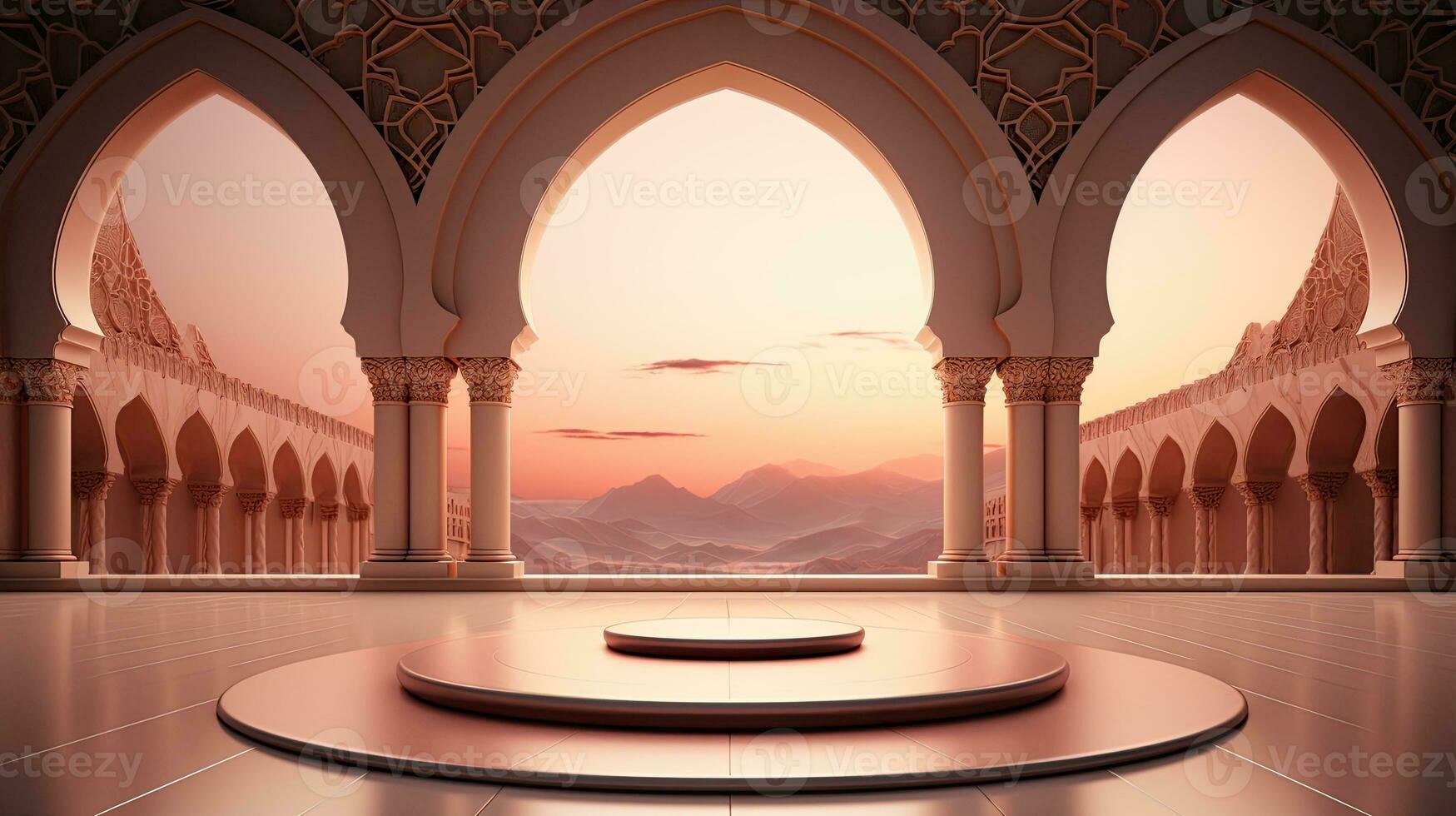 podium background in Ramadan holiday minimalism style . oriental arabic design with shades of beige colors. ai generative photo