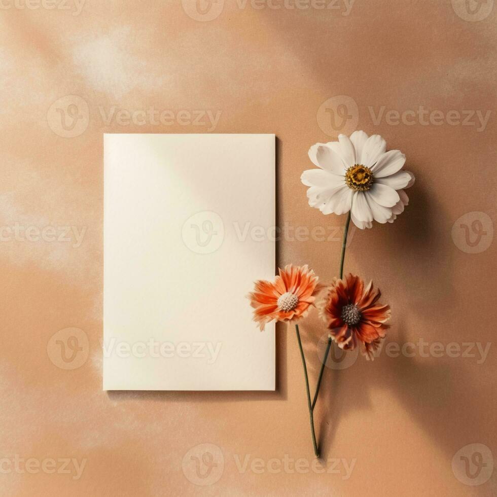 mockup with a white card and flowers in a minimalistic boho style.AI Generative photo