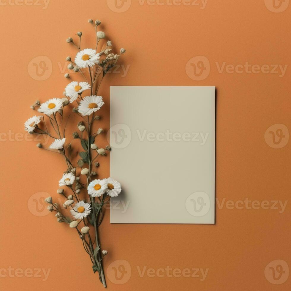 mockup with a white card and flowers in a minimalistic boho style.AI Generative photo