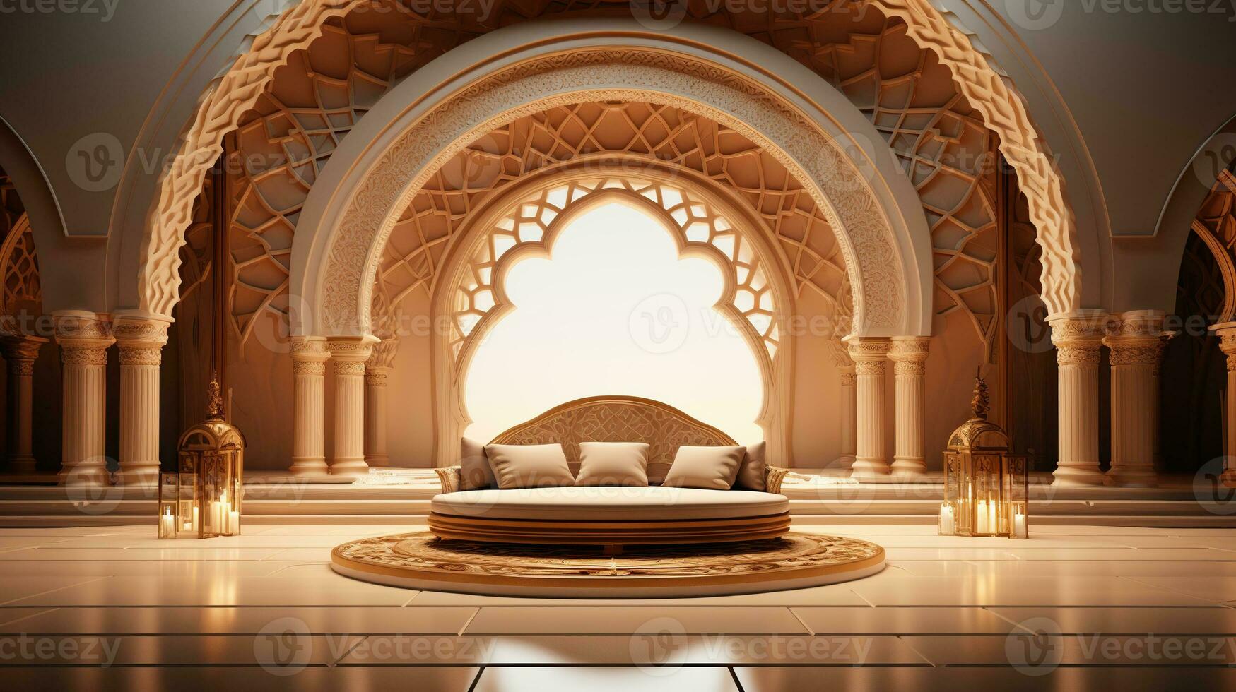 podium background in Ramadan holiday minimalism style . oriental arabic design with shades of beige colors. ai generative photo