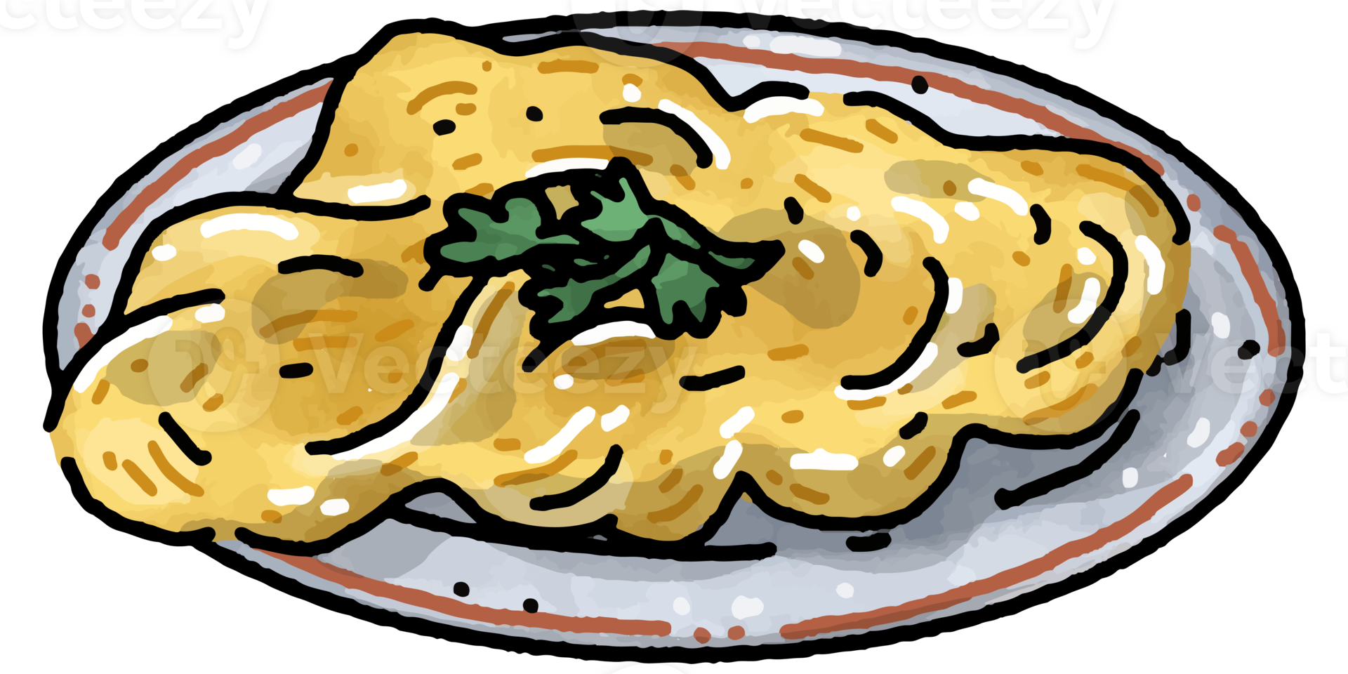 Omelet on plate illustration. Doodle breakfast. Hand drawn foods. Menu board. png