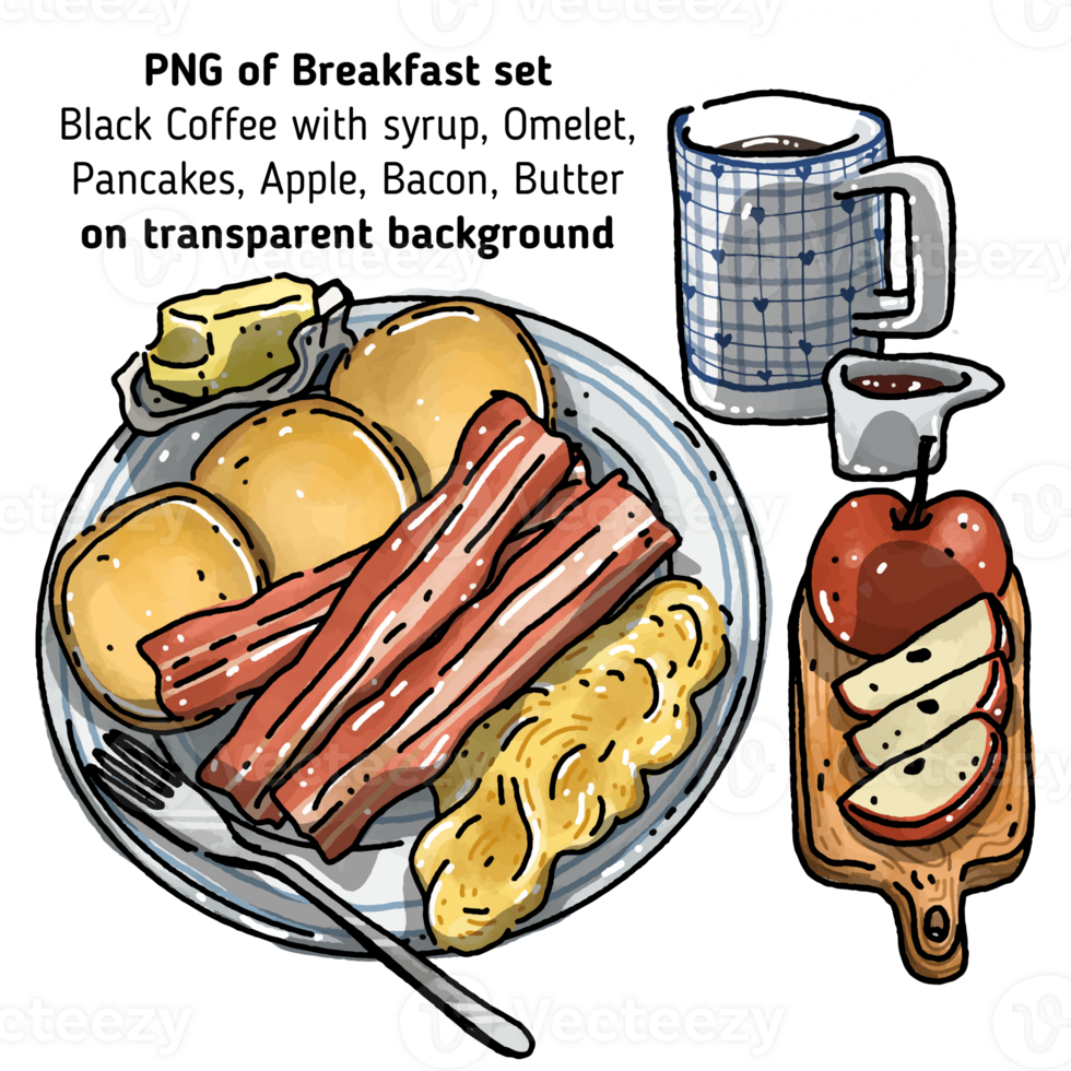 PNG of Breakfast on plate, apple on board and Hot Black Coffee with syrup on transparent background illustration. Doodle breakfast. Hand drawn foods. Menu board.