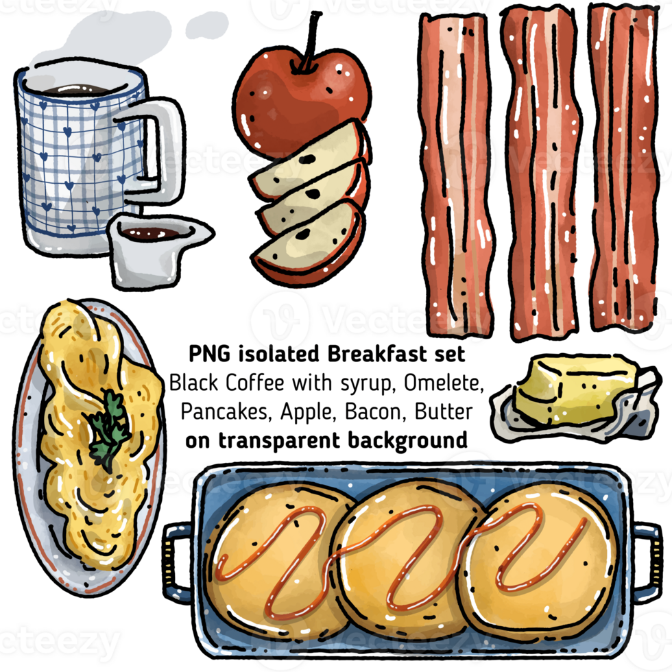 PNG geïsoleerd ontbijt reeks zwart koffie met siroop, omelet, pannekoeken, appel, spek, boter Aan transparant achtergrond illustratie. tekening ontbijt. hand- getrokken voedingsmiddelen. menu bord.