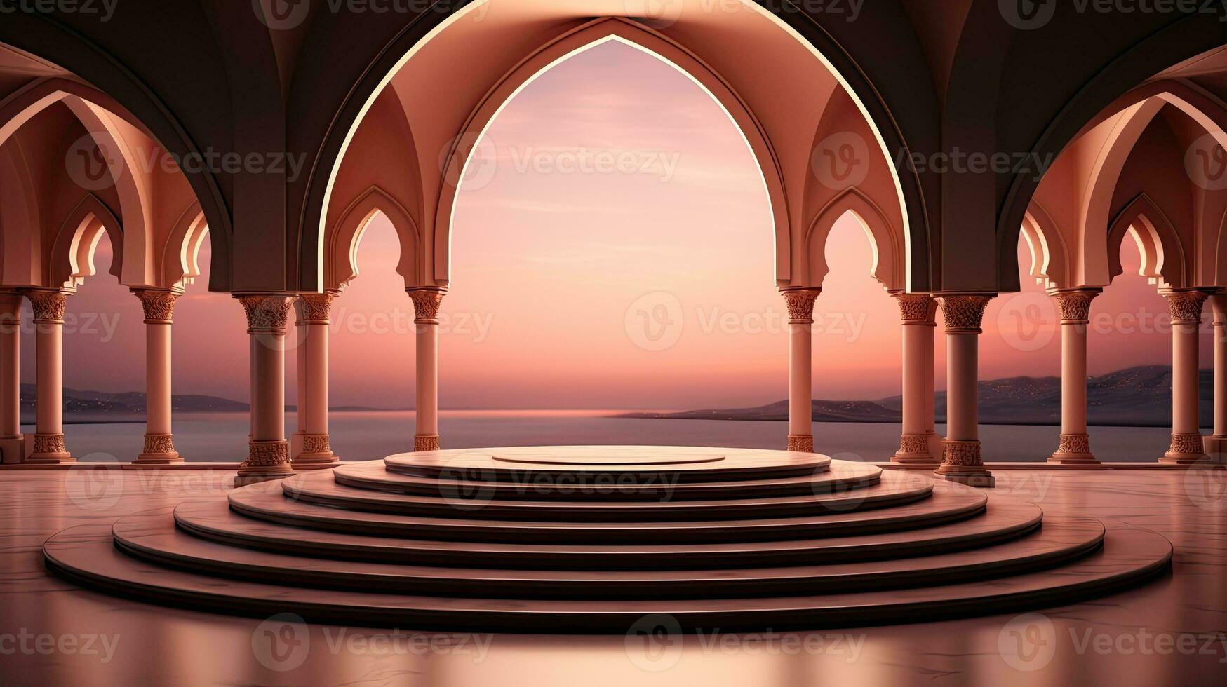 podium background in Ramadan holiday minimalism style . oriental arabic design with shades of beige colors. ai generative photo