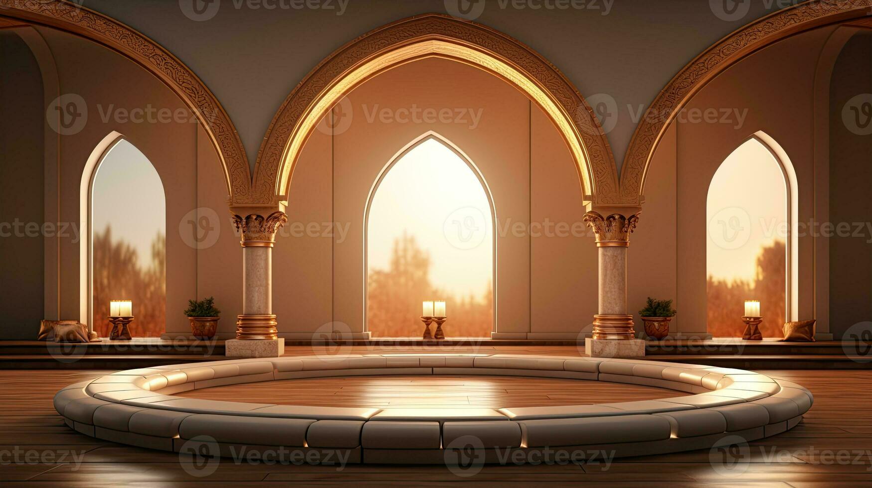 podium background in Ramadan holiday minimalism style . oriental arabic design with shades of beige colors. ai generative photo