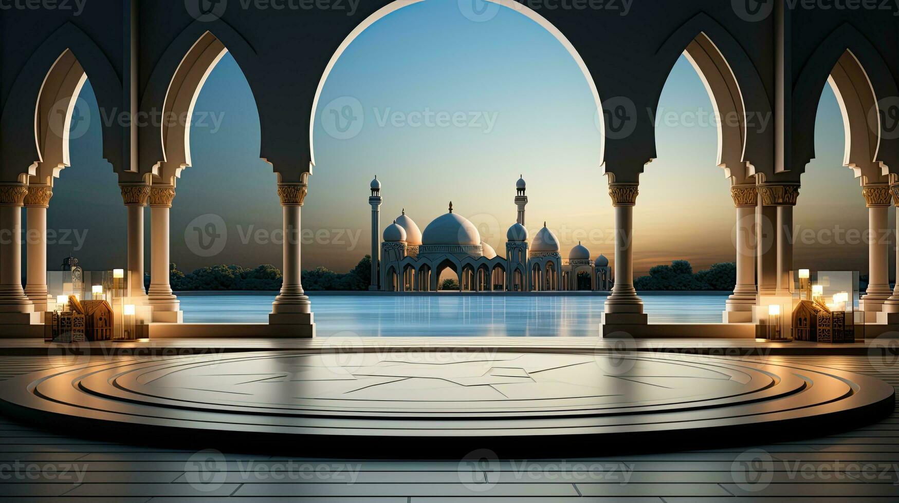 podium background in Ramadan holiday minimalism style . oriental arabic design with shades of beige colors. ai generative photo