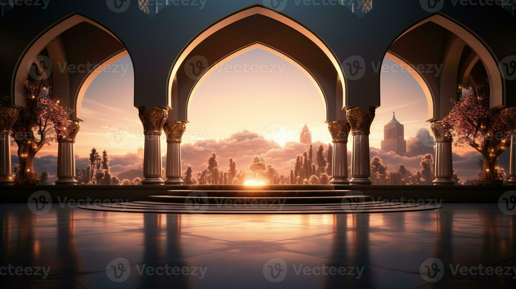 podium background in Ramadan holiday minimalism style . oriental arabic design with shades of beige colors. ai generative photo