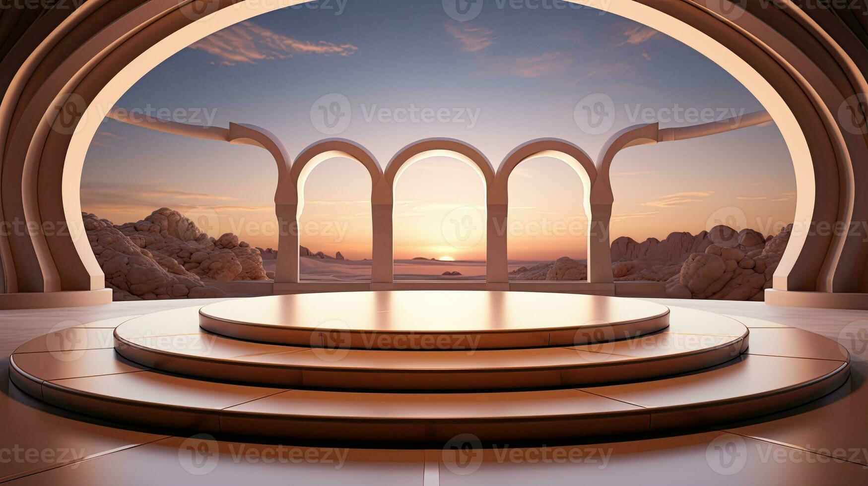 podium background in Ramadan holiday minimalism style . oriental arabic design with shades of beige colors. ai generative photo
