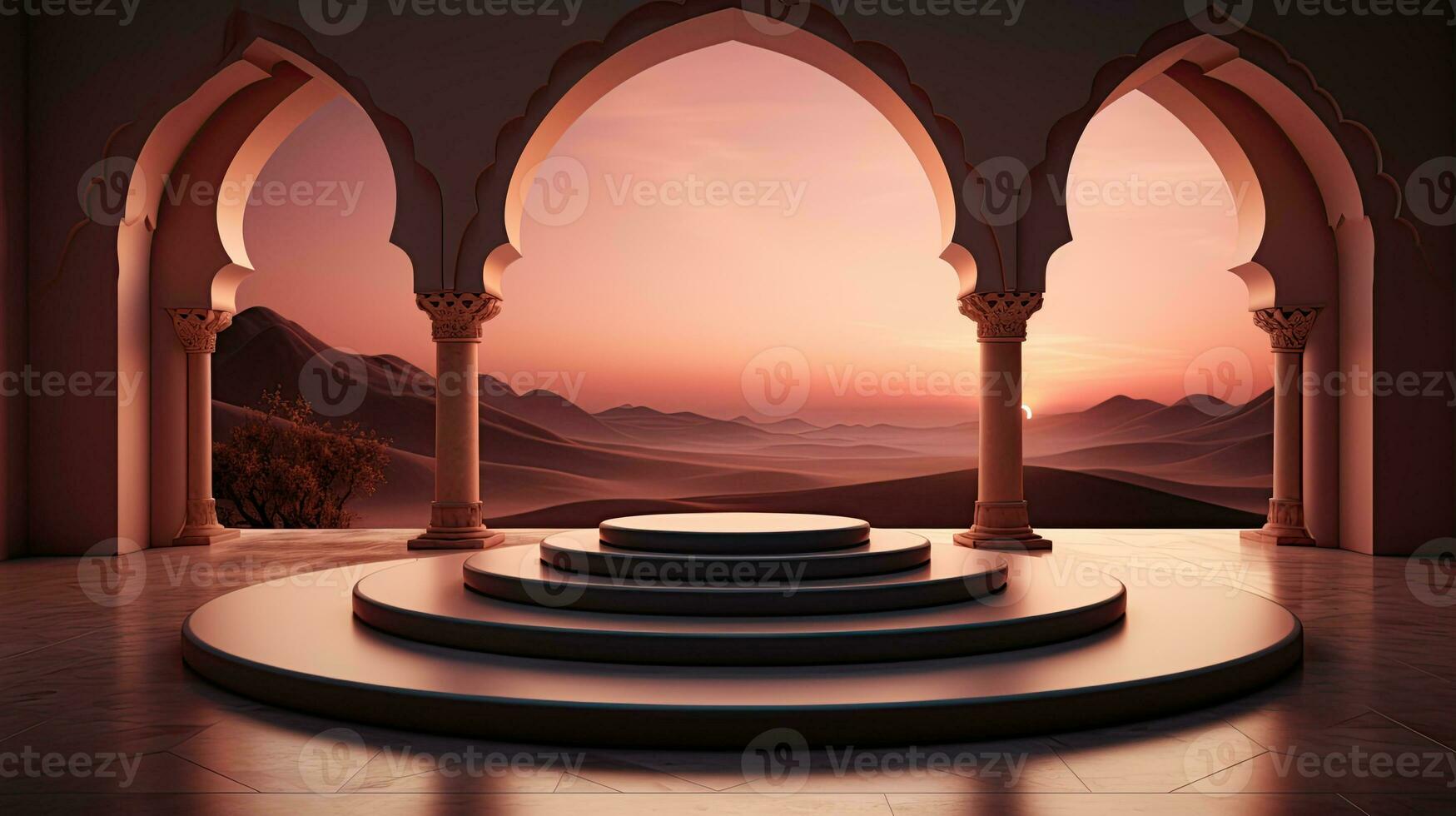 podium background in Ramadan holiday minimalism style . oriental arabic design with shades of beige colors. ai generative photo