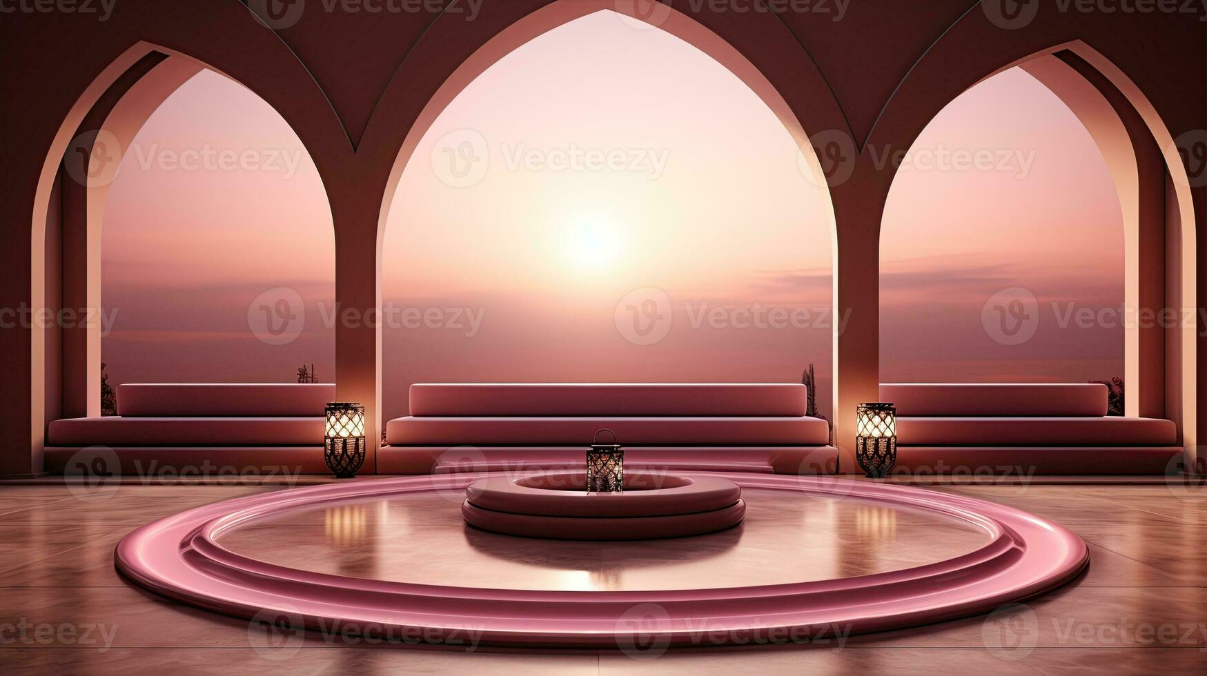 podium background in Ramadan holiday minimalism style . oriental arabic design with shades of beige colors. ai generative photo
