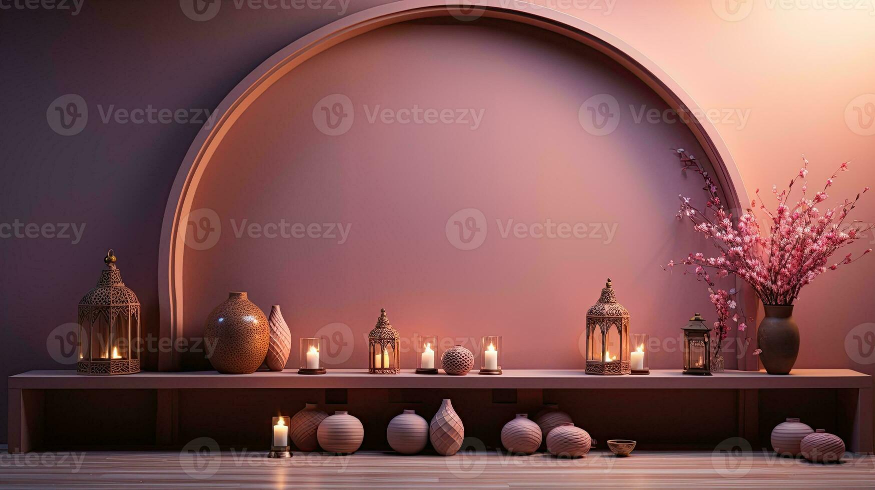 podium background in Ramadan holiday minimalism style . oriental arabic design with shades of beige colors. ai generative photo