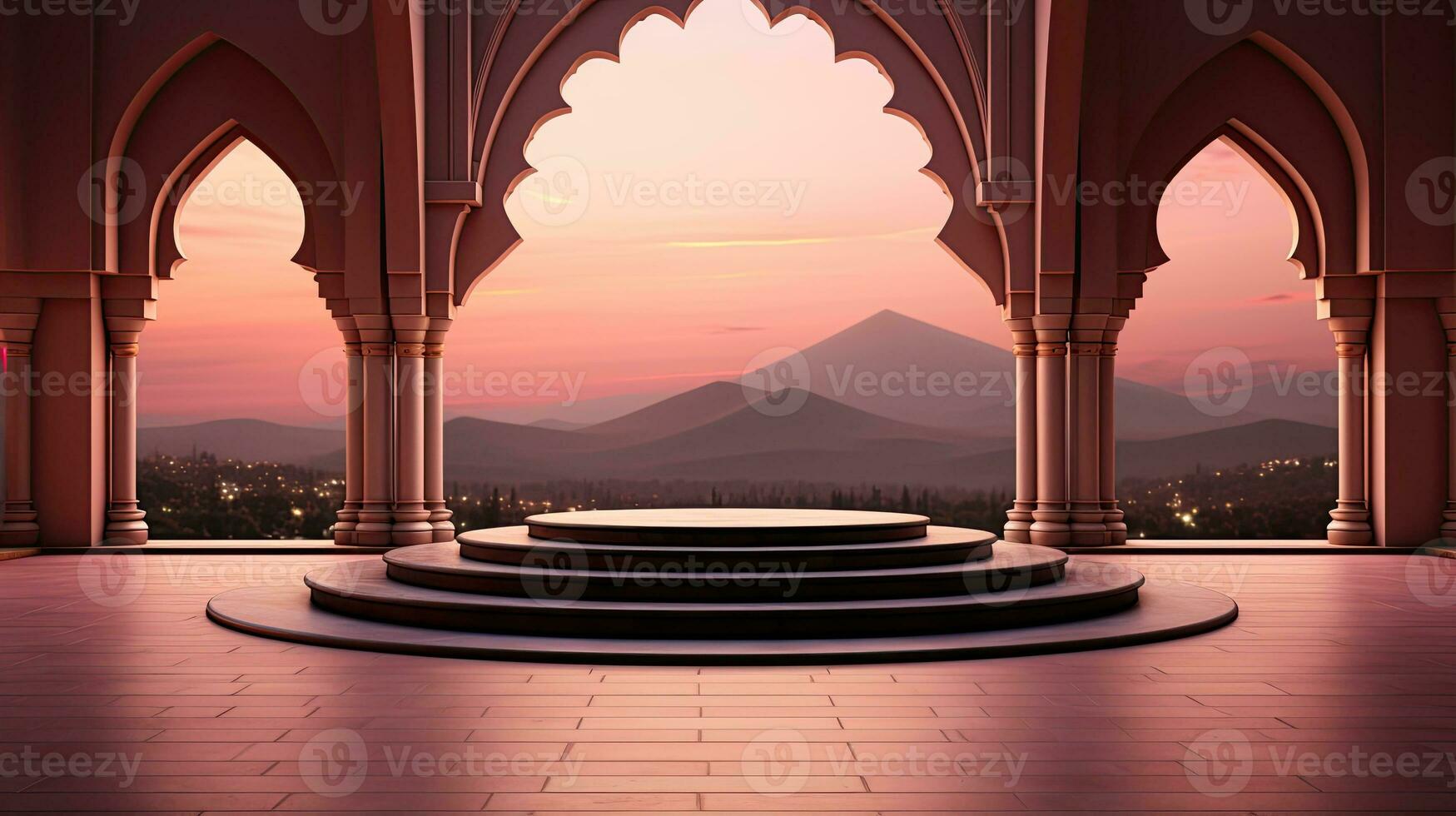podio antecedentes en Ramadán fiesta minimalismo estilo . oriental Arábica diseño con sombras de beige colores. ai generativo foto