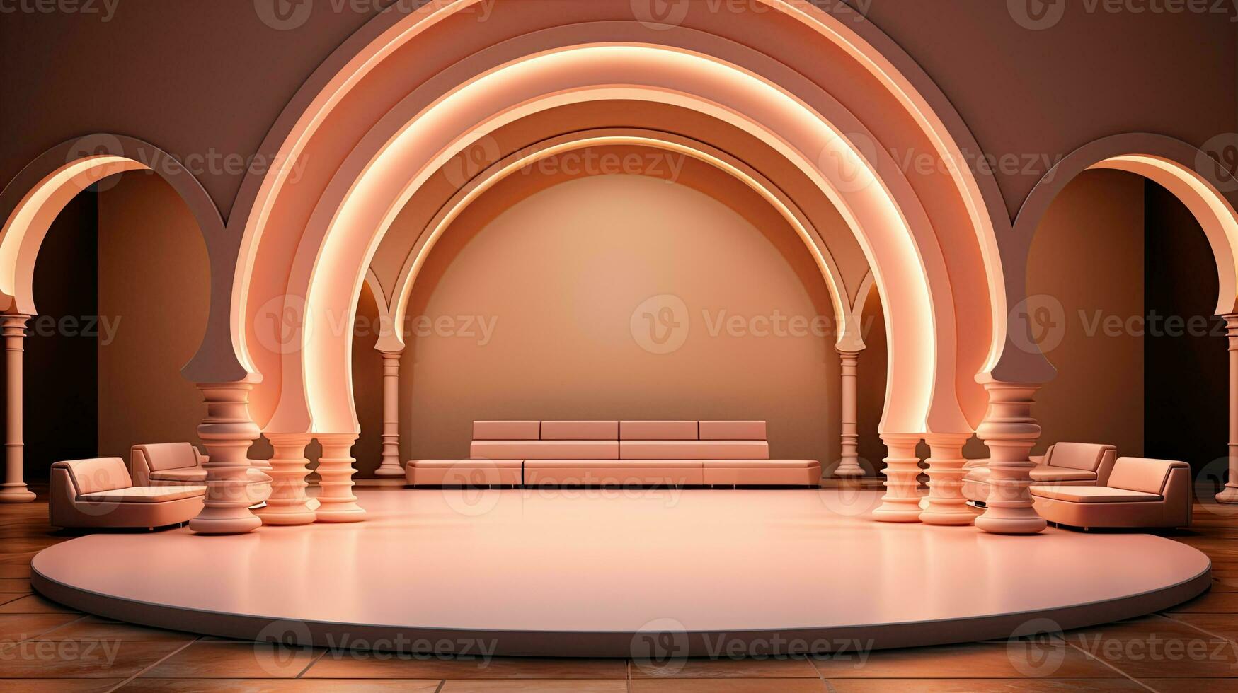 podium background in Ramadan holiday minimalism style . oriental arabic design with shades of beige colors. ai generative photo