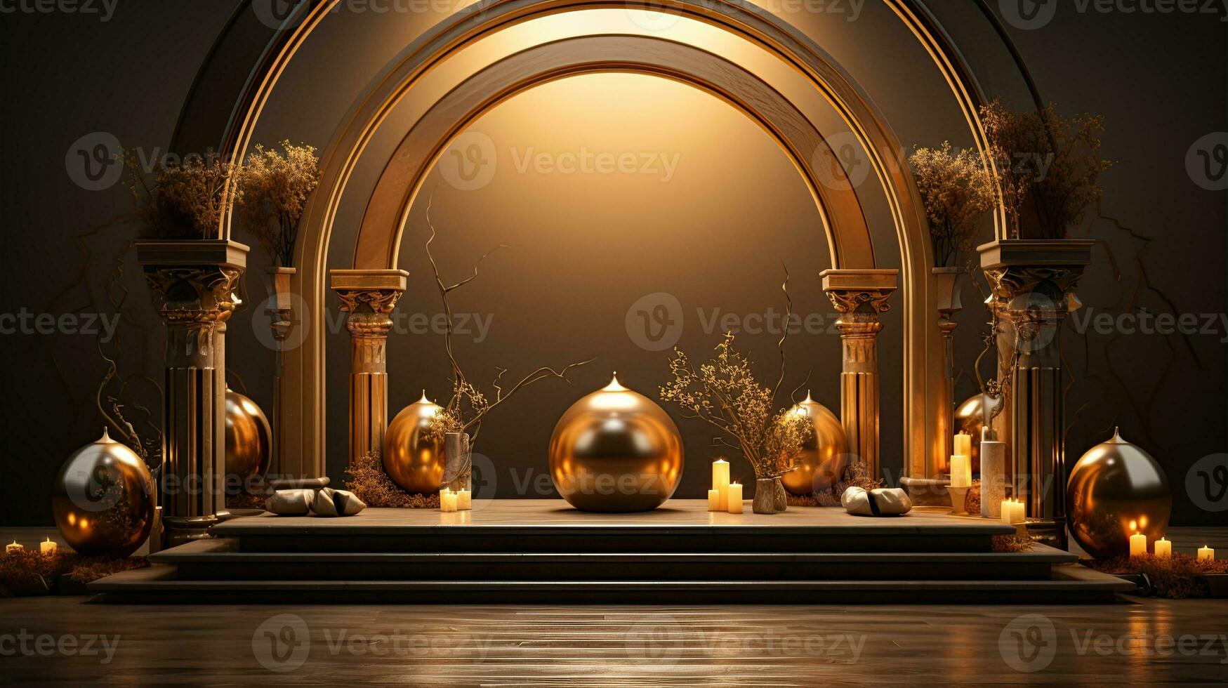 podium background in Ramadan holiday minimalism style . oriental arabic design with shades of beige colors. ai generative photo
