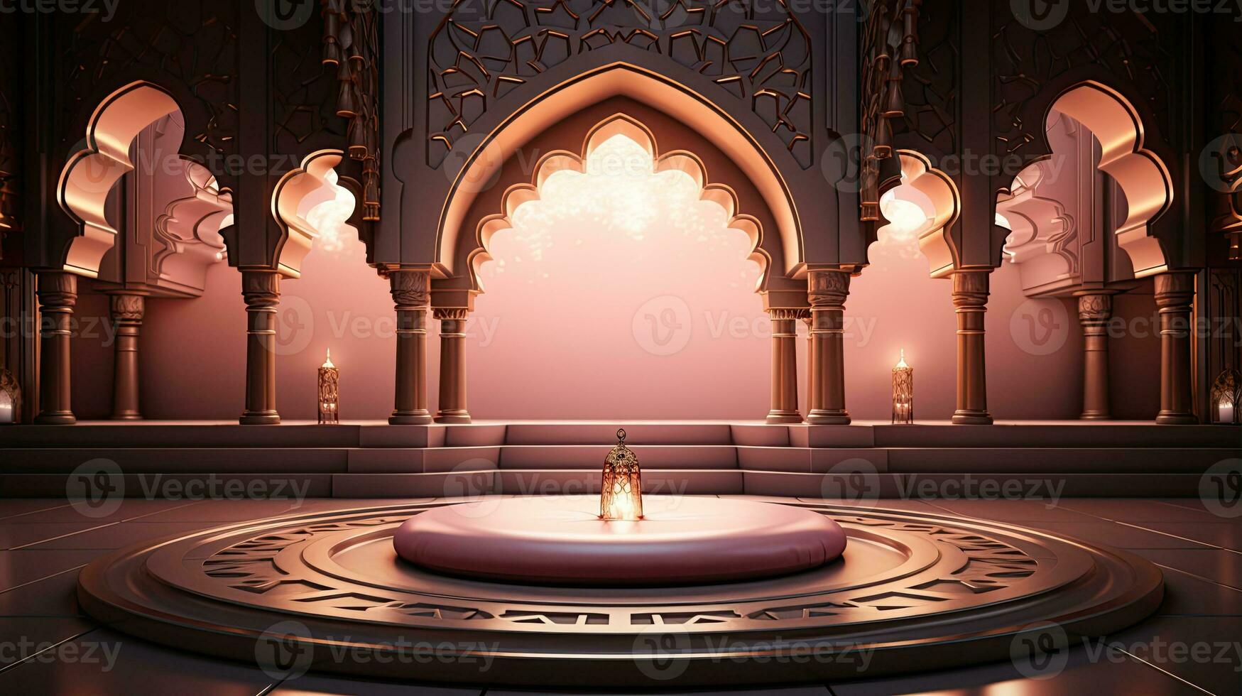 podium background in Ramadan holiday minimalism style . oriental arabic design with shades of beige colors. ai generative photo