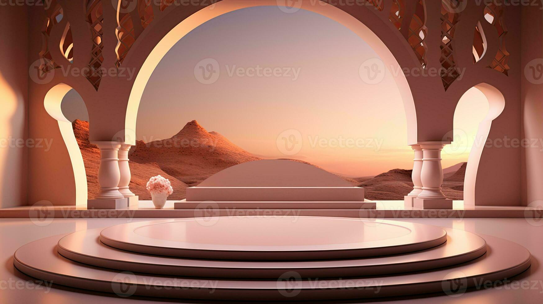 podium background in Ramadan holiday minimalism style . oriental arabic design with shades of beige colors. ai generative photo