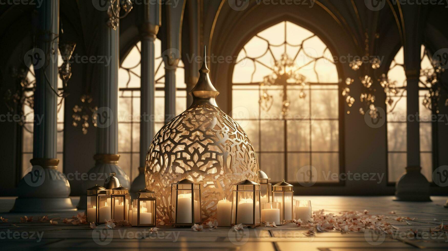podium background in Ramadan holiday style with lantern. oriental arabic design with shades of gold. ai generative photo