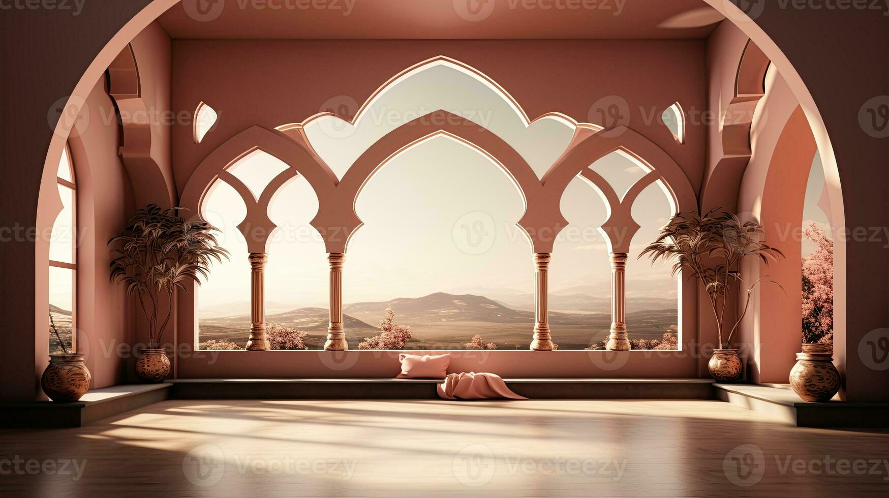 background for the Islamic holiday of Ramadan in a minimalist style, with a podium, with sunlight, in light beige delicate shades and elements of nature. ai generated photo