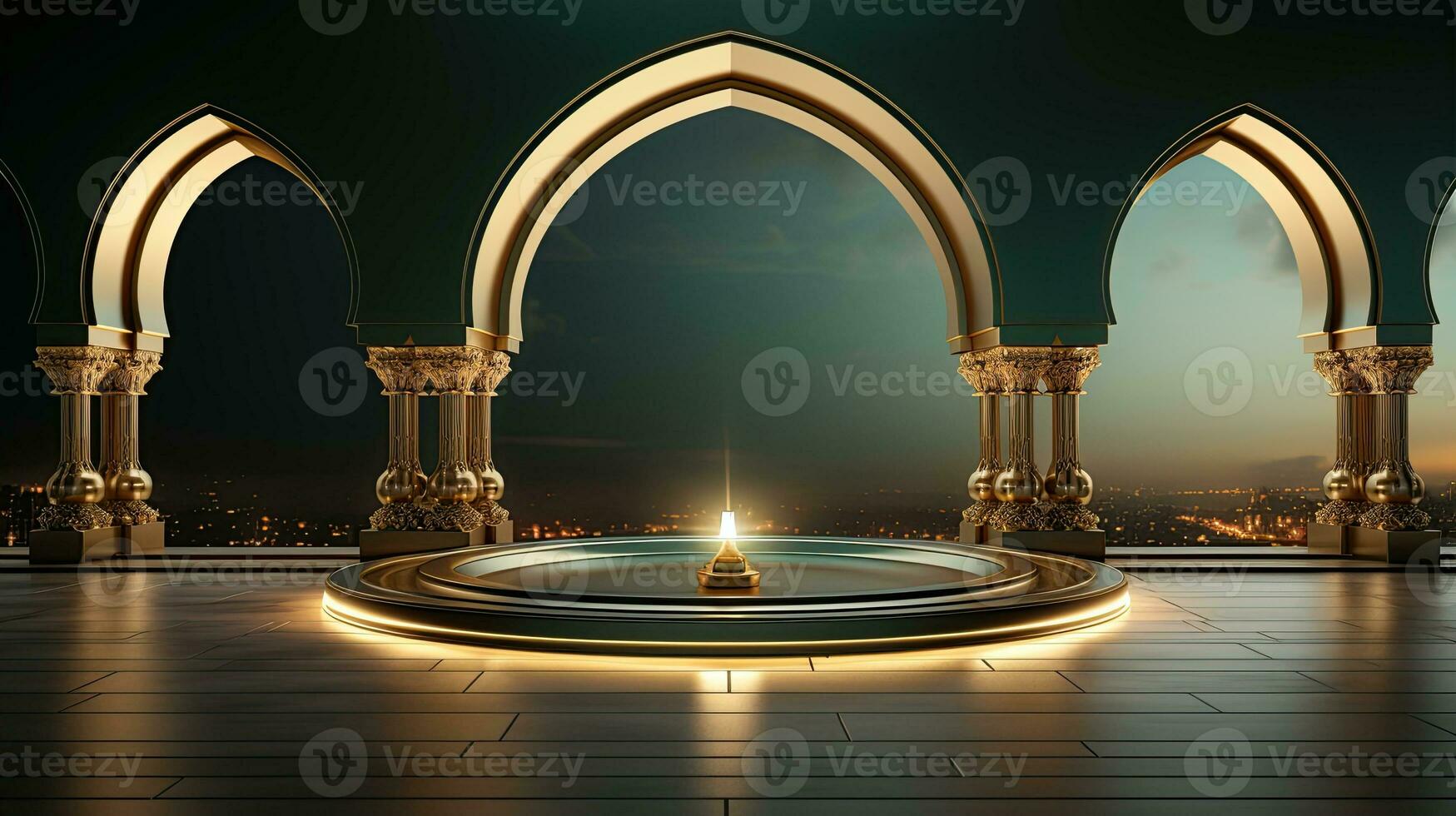 green podium with beige elements in Arabic minimalist style. Podium in the style of Ramadan, Eid Mubarak.AI generated photo