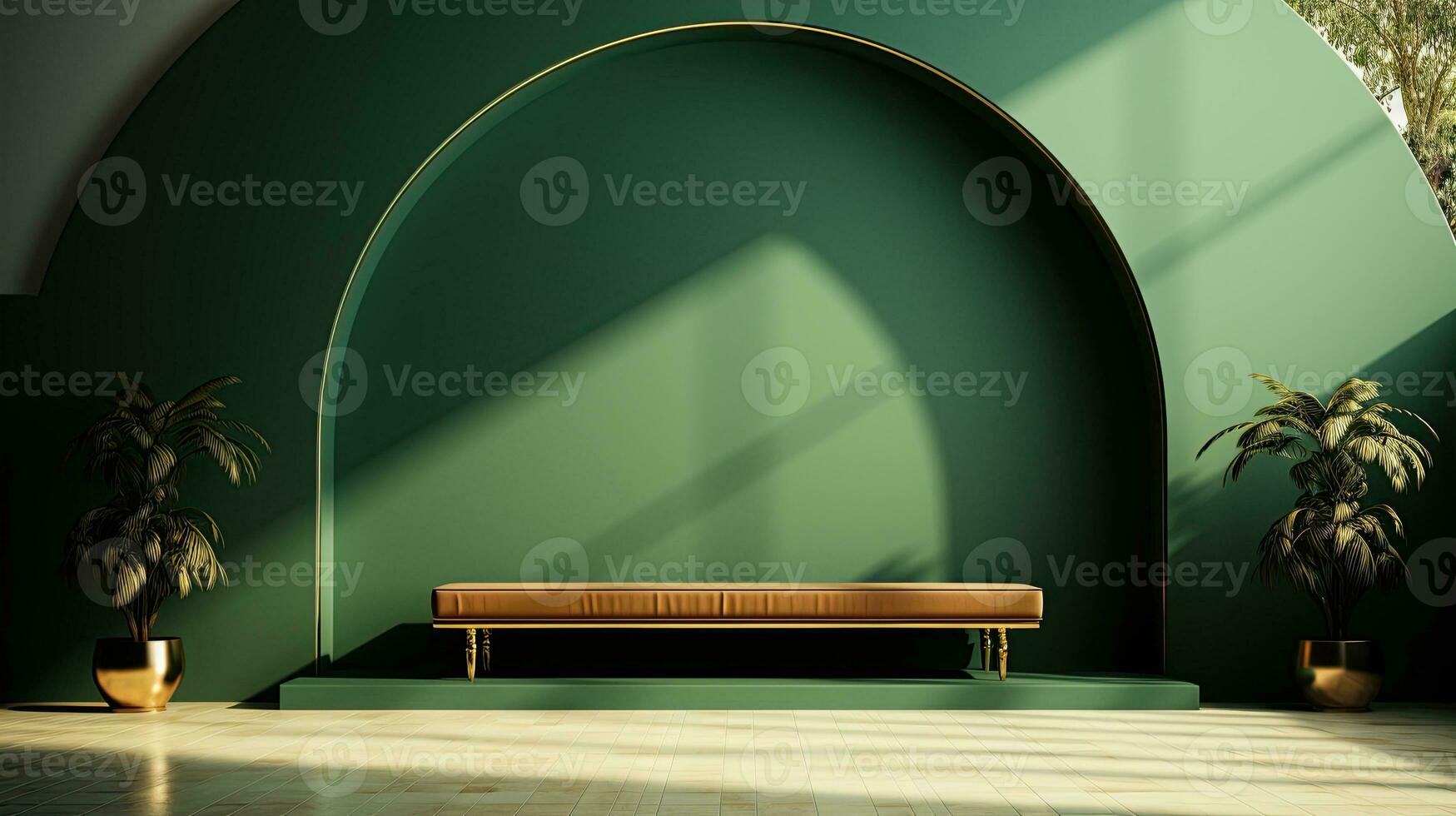 green podium with beige elements in Arabic minimalist style. Podium in the style of Ramadan, Eid Mubarak.AI generated photo