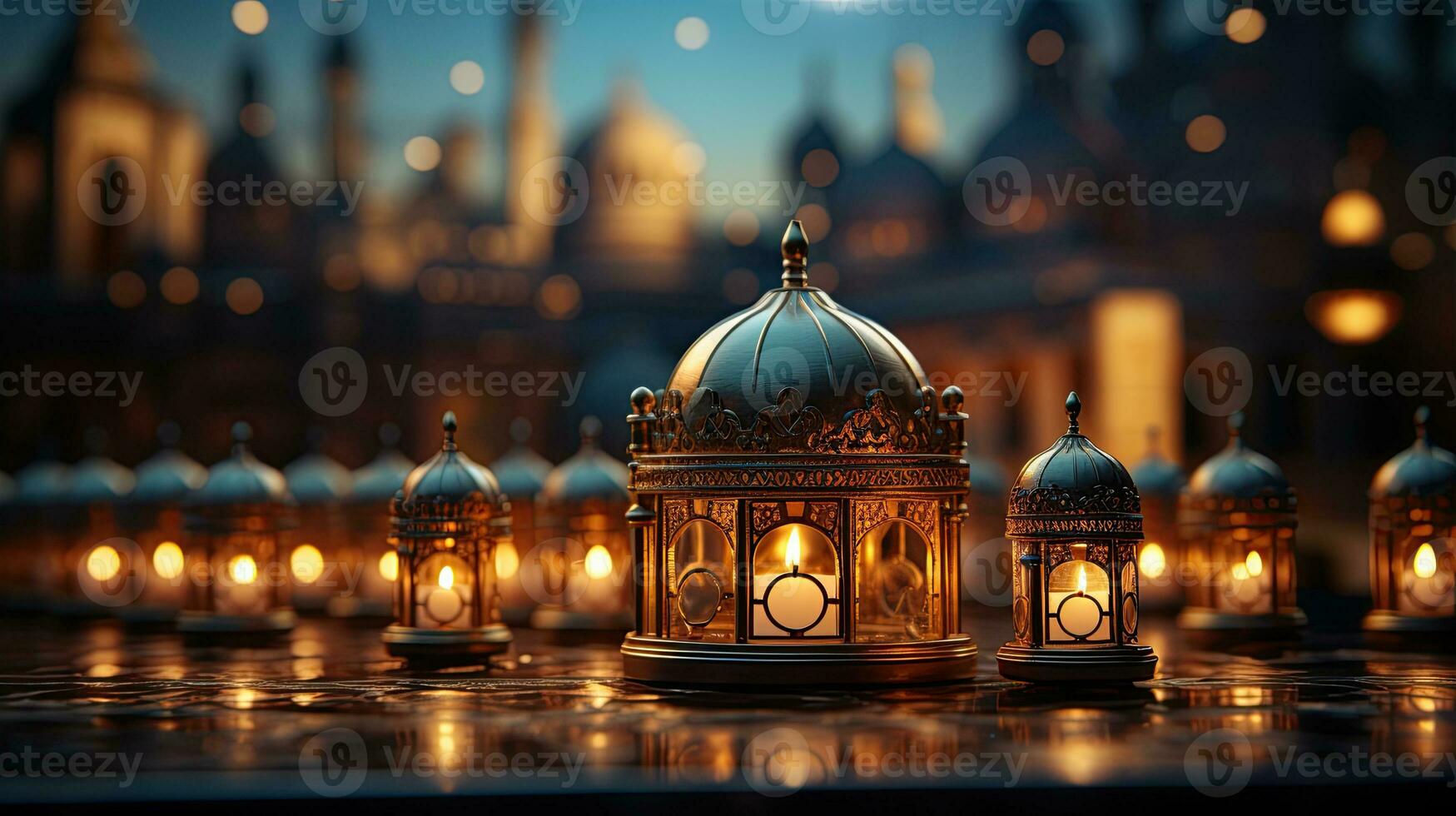 podium background in Ramadan holiday style with lantern. oriental arabic design with shades of gold. ai generative photo