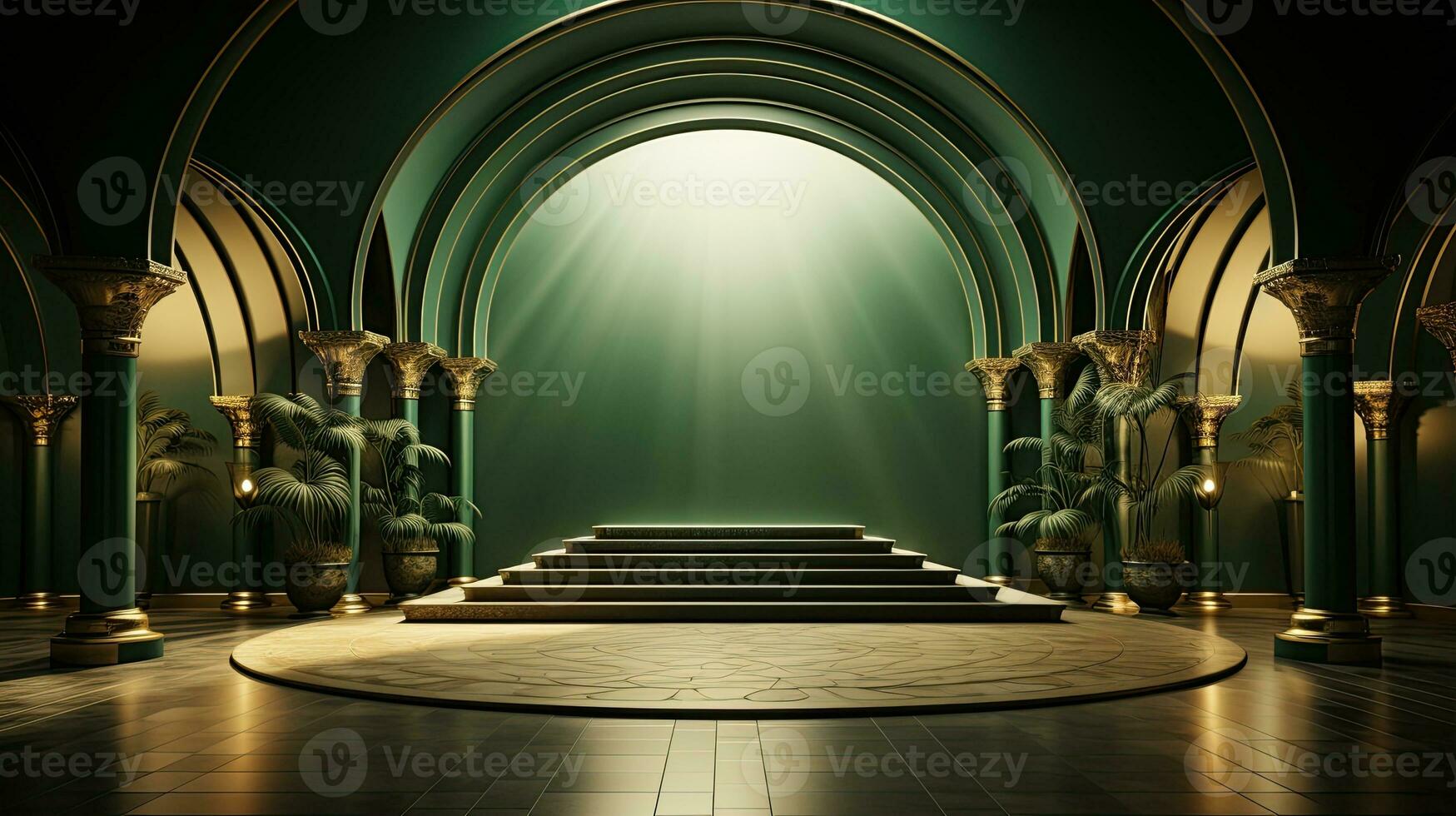 green podium with beige elements in Arabic minimalist style. Podium in the style of Ramadan, Eid Mubarak.AI generated photo