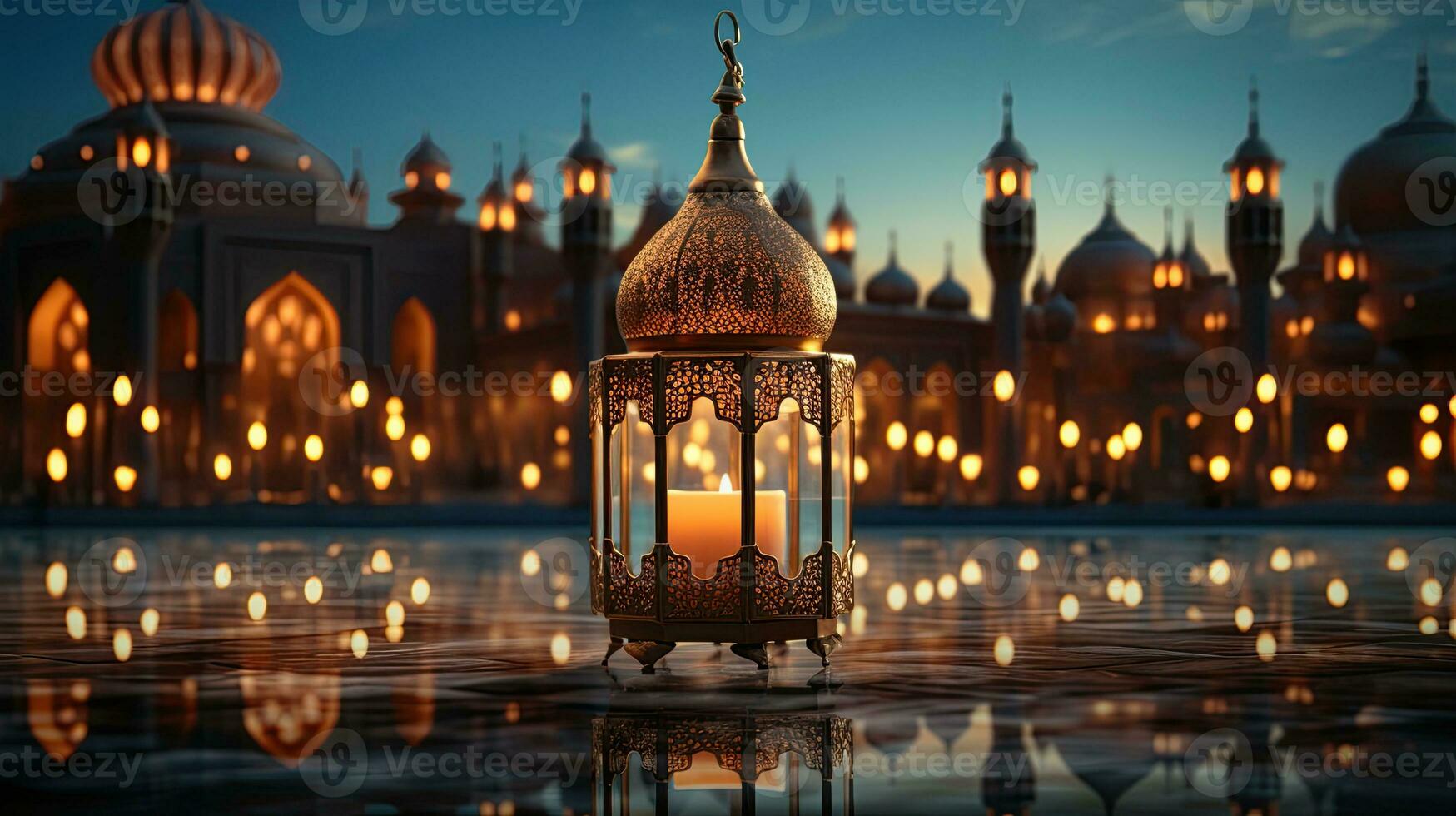 podium background in Ramadan holiday style with lantern. oriental arabic design with shades of gold. ai generative photo