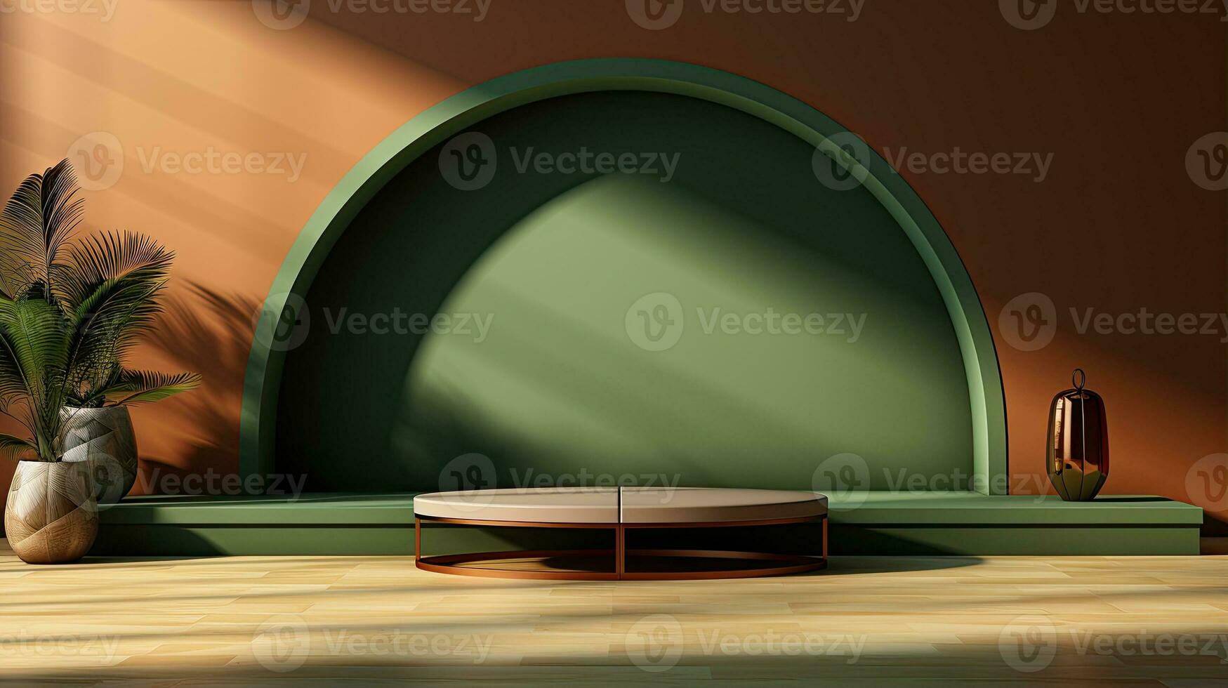 green podium with beige elements in Arabic minimalist style. Podium in the style of Ramadan, Eid Mubarak.AI generated photo