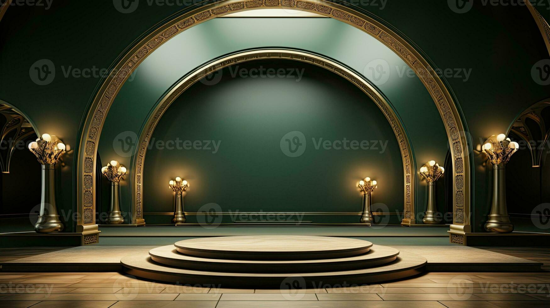 green podium with beige elements in Arabic minimalist style. Podium in the style of Ramadan, Eid Mubarak.AI generated photo