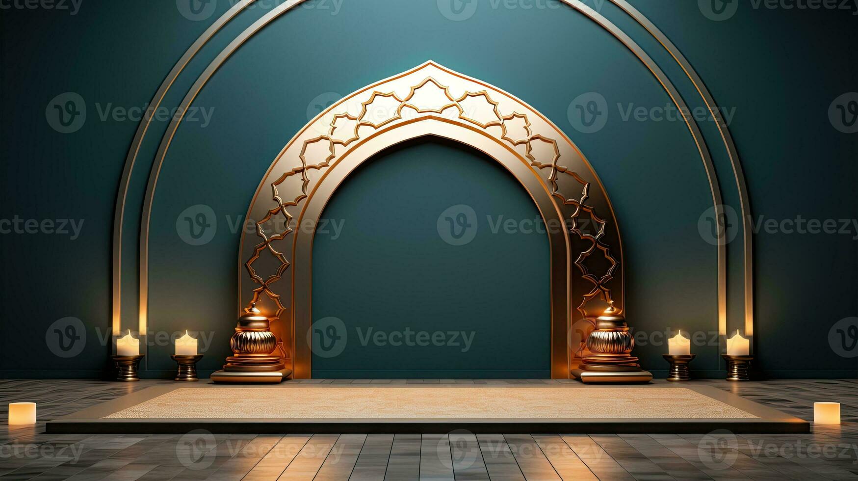 green podium with beige elements in Arabic minimalist style. Podium in the style of Ramadan, Eid Mubarak.AI generated photo