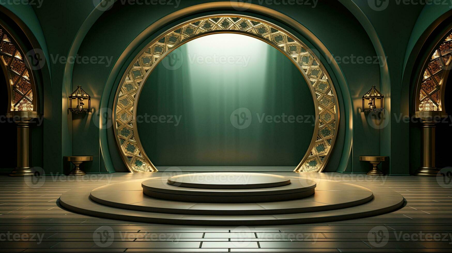green podium with beige elements in Arabic minimalist style. Podium in the style of Ramadan, Eid Mubarak.AI generated photo