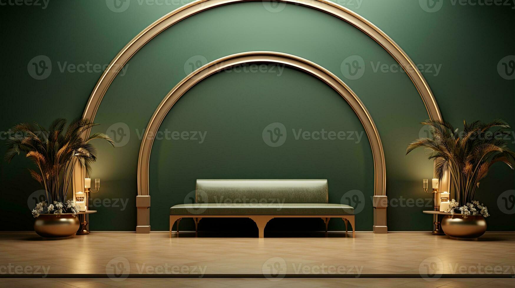 green podium with beige elements in Arabic minimalist style. Podium in the style of Ramadan, Eid Mubarak.AI generated photo