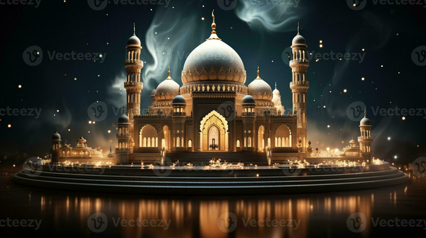podium background in Ramadan holiday style. oriental arabic design with shades of in beige gold and yellow shades. ai generative photo