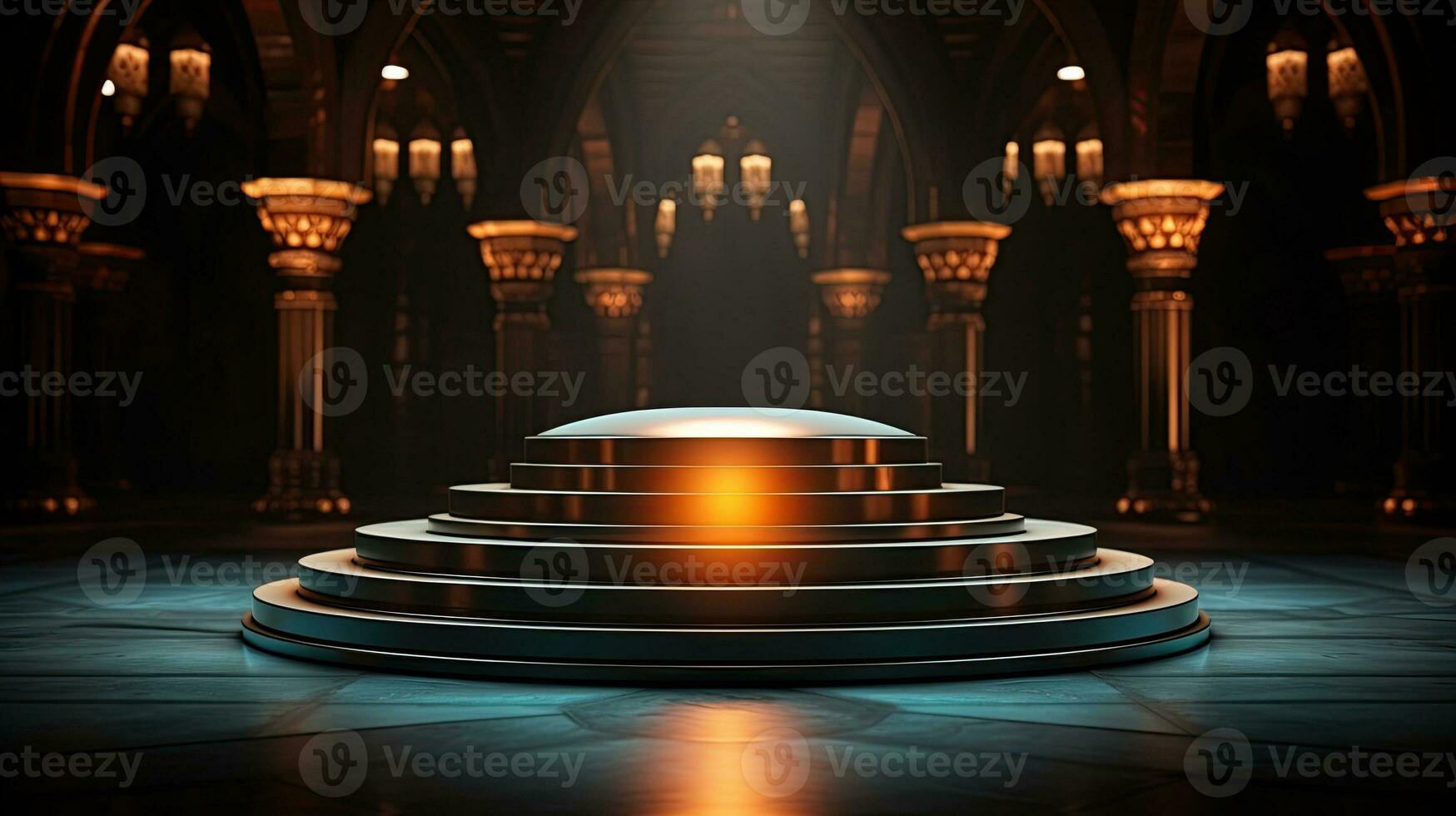 podium background in Ramadan holiday style. oriental arabic design with shades of in beige gold and yellow shades. ai generative photo
