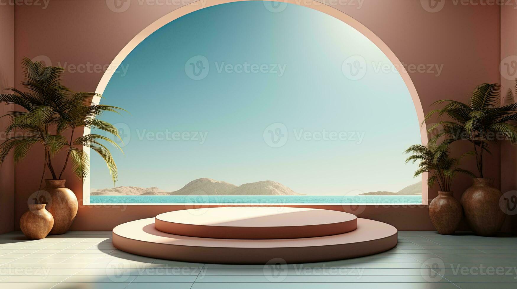 background for the Islamic holiday of Ramadan in a minimalist style, with a podium, with sunlight, in light beige delicate shades and elements of nature. ai generated photo