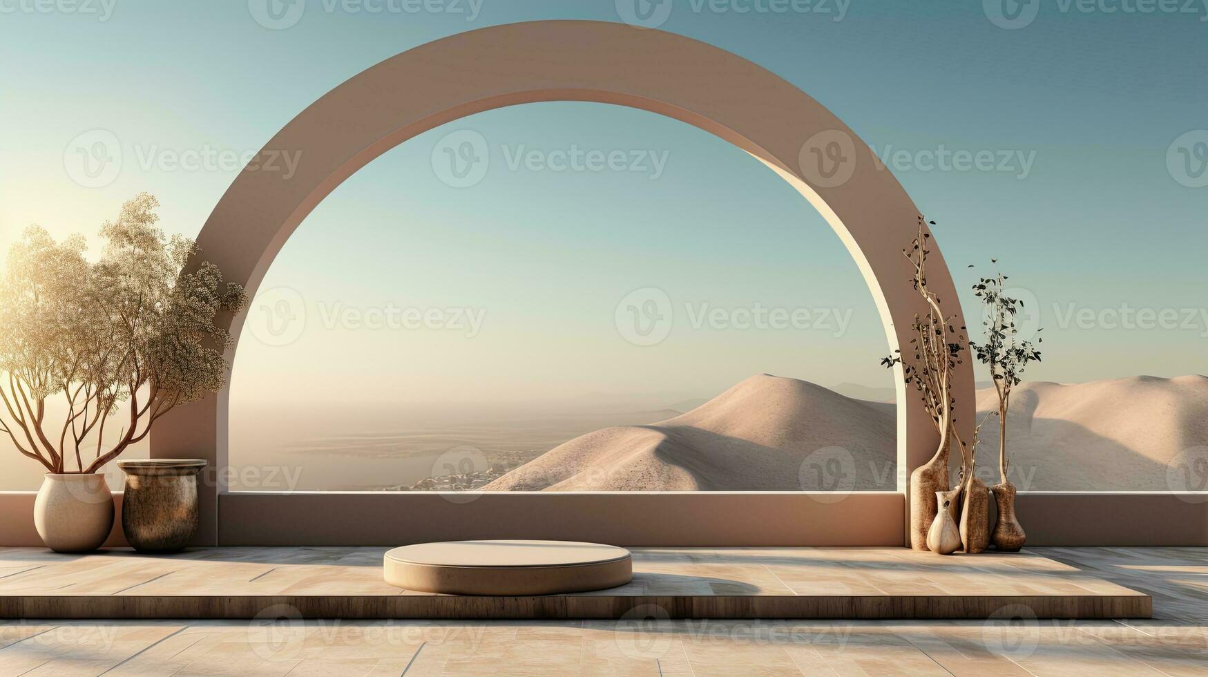 background for the Islamic holiday of Ramadan in a minimalist style, with a podium, with sunlight, in light beige delicate shades and elements of nature. ai generated photo